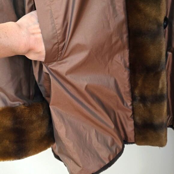 Dennis Basso Chocolate Brown Coat Large Faux Fur Hood Tafetta jacket - Picture 5 of 8